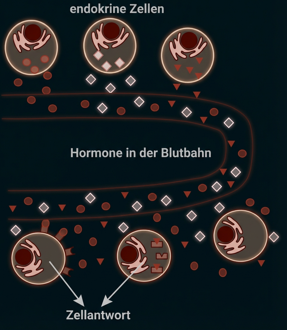 Schematische Darstellung endokriner Zellen, Hormone in der Blutbahn und Zielzellen mit anschließender Zellantwort.